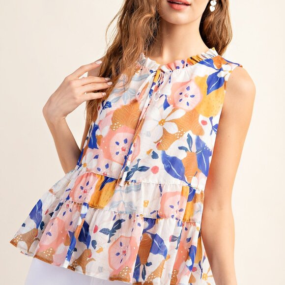 NWT KORI Tiered Sleeveless Floral Lined Top Ruffle Neck - Picture 3 of 4